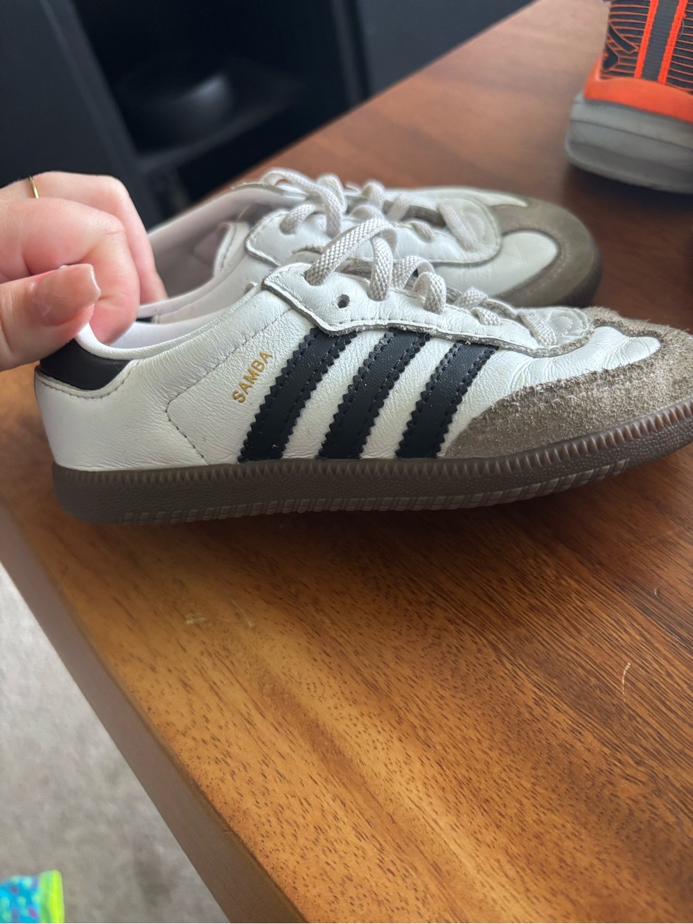 adidas Kids Samba White Sneakers with Black Stripes and Gum Brown Sole